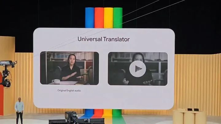 Google, Universal Translator, süni intellekt, tərcümə, texnologiya, Google I/O, inqilab, risklər, videonu yenidən səsləndirmə, danışanın dodaq hərəkətləri, sinxronizasiya, dublyaj, sui-istifadə, James Manyika, nitqi transkripsiya, deepfake videosu, cəsarət, təhlükəsizlik, gərginlik, tarazlıq, post-produktor.